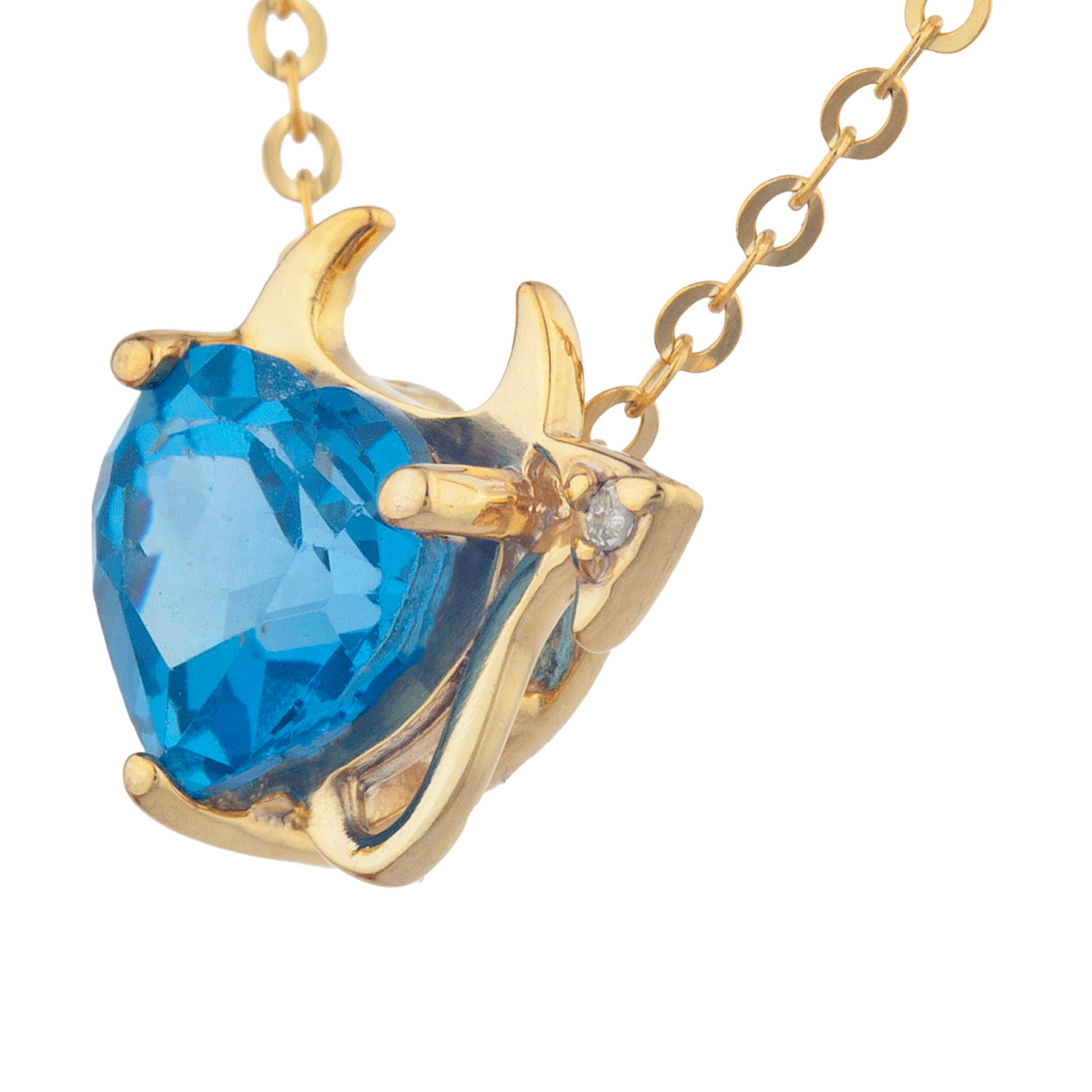 14Kt Gold 1.5 Ct London Blue Topaz & Diamond Devil Heart Pendant Necklace