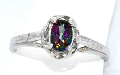 0.50 Ct Mystic Topaz & Diamond Oval Ring .925 Sterling Silver Rhodium Finish