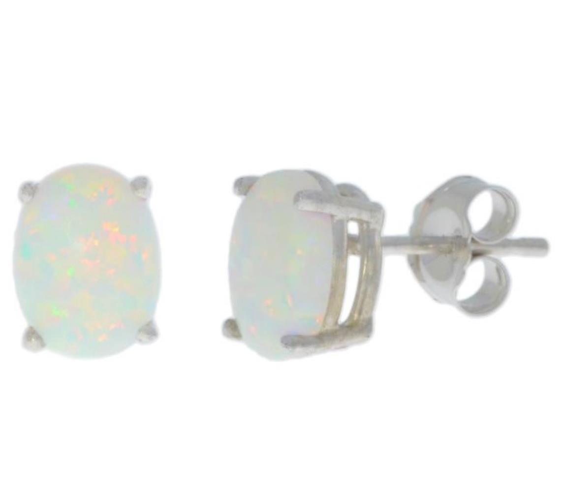 14Kt White Gold Genuine Opal Oval Stud Earrings