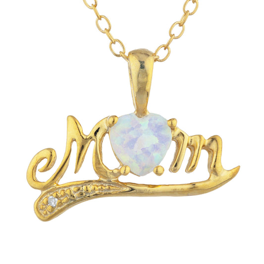 14Kt Yellow Gold Plated Opal & Diamond Heart Mom Pendant