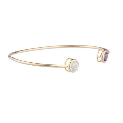 14Kt Gold Aquamarine & Alexandrite Round Bezel Bangle Bracelet