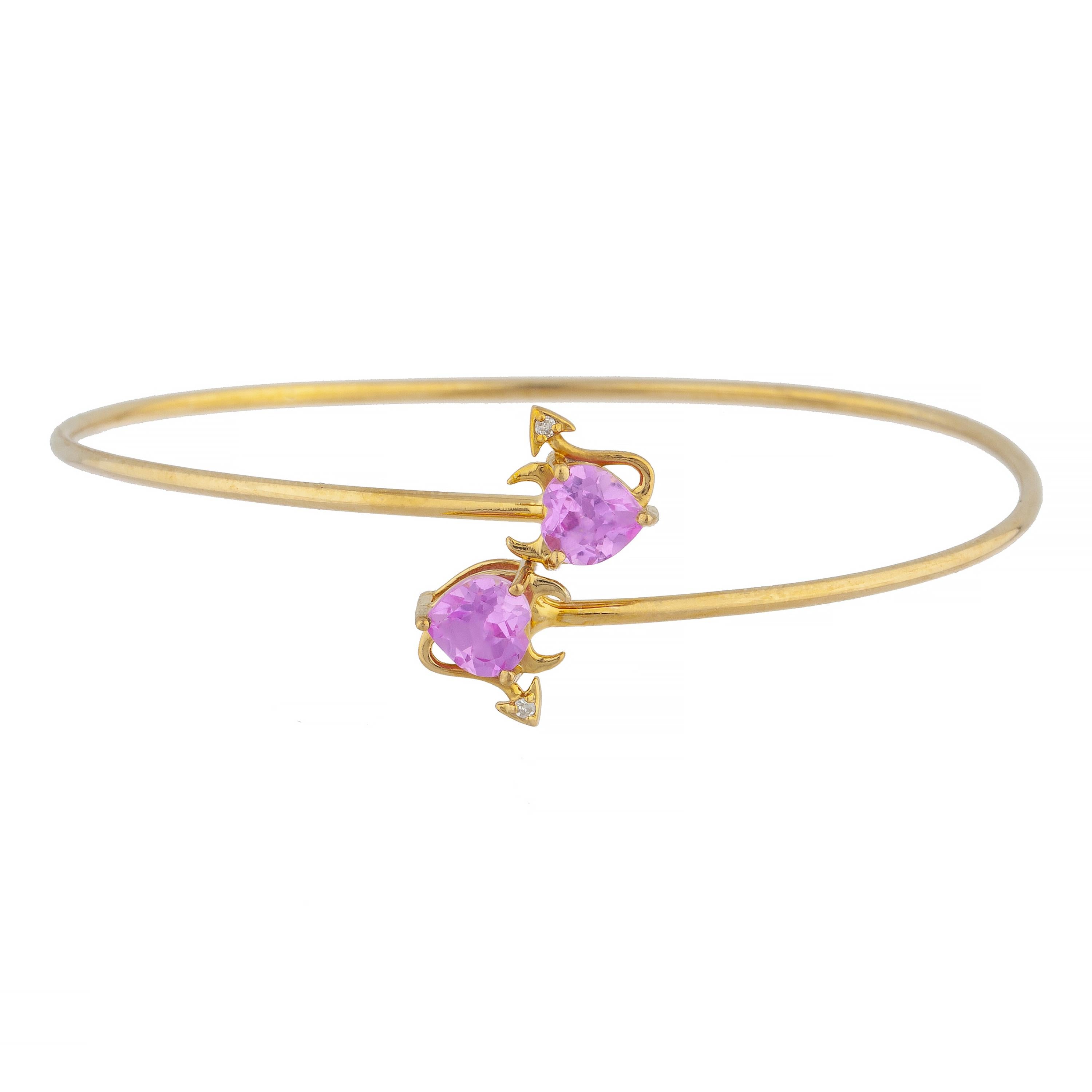 Pink Sapphire & Diamond Devil Heart Bangle Bracelet 14Kt Yellow Gold Rose Gold Silver