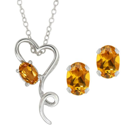 2.5 Ct Yellow Citrine Oval Heart Stud Earrings & Pendant .925 Sterling Silver...