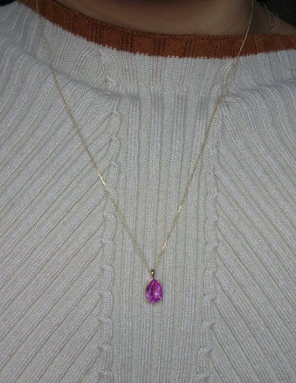 14Kt Gold Pink Sapphire Teardrop Pendant Necklace