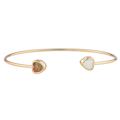 Black & White Opal Heart Bezel Bangle Bracelet 14Kt Yellow Gold Plated Over .925 Sterling Silver