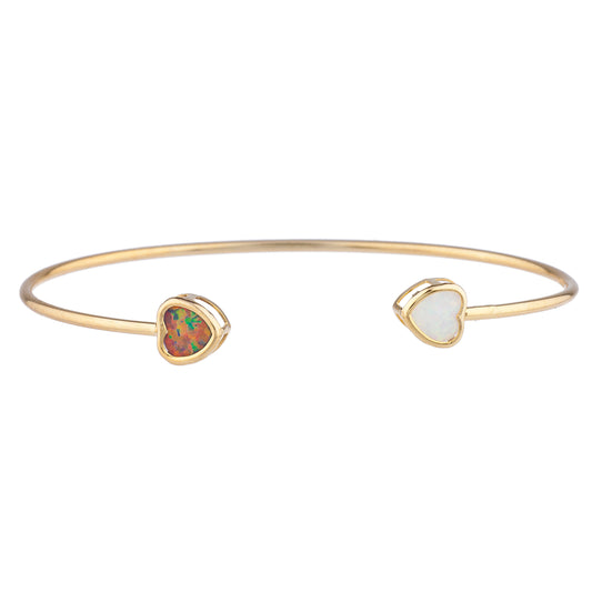 Black & White Opal Heart Bezel Bangle Bracelet 14Kt Yellow Gold Plated Over .925 Sterling Silver