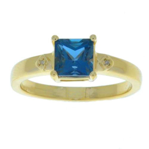 London Blue Topaz & Diamond Princess Cut Ring 14Kt Yellow Gold Plated Over .925 Sterling SIlver