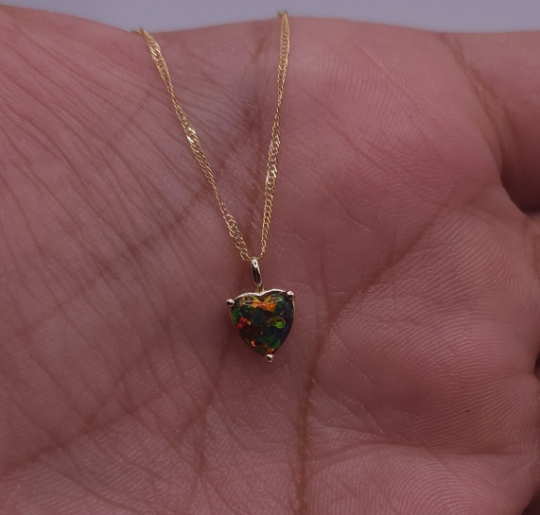 14Kt Gold Black Opal Heart Pendant Necklace