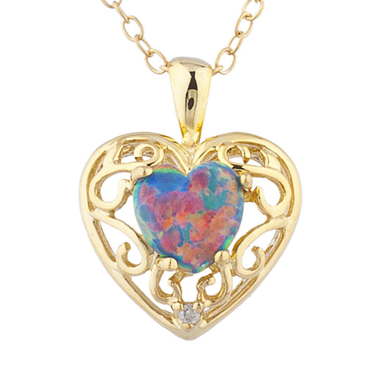 14Kt Yellow Gold Plated Black Opal & Diamond Love Design Heart Pendant