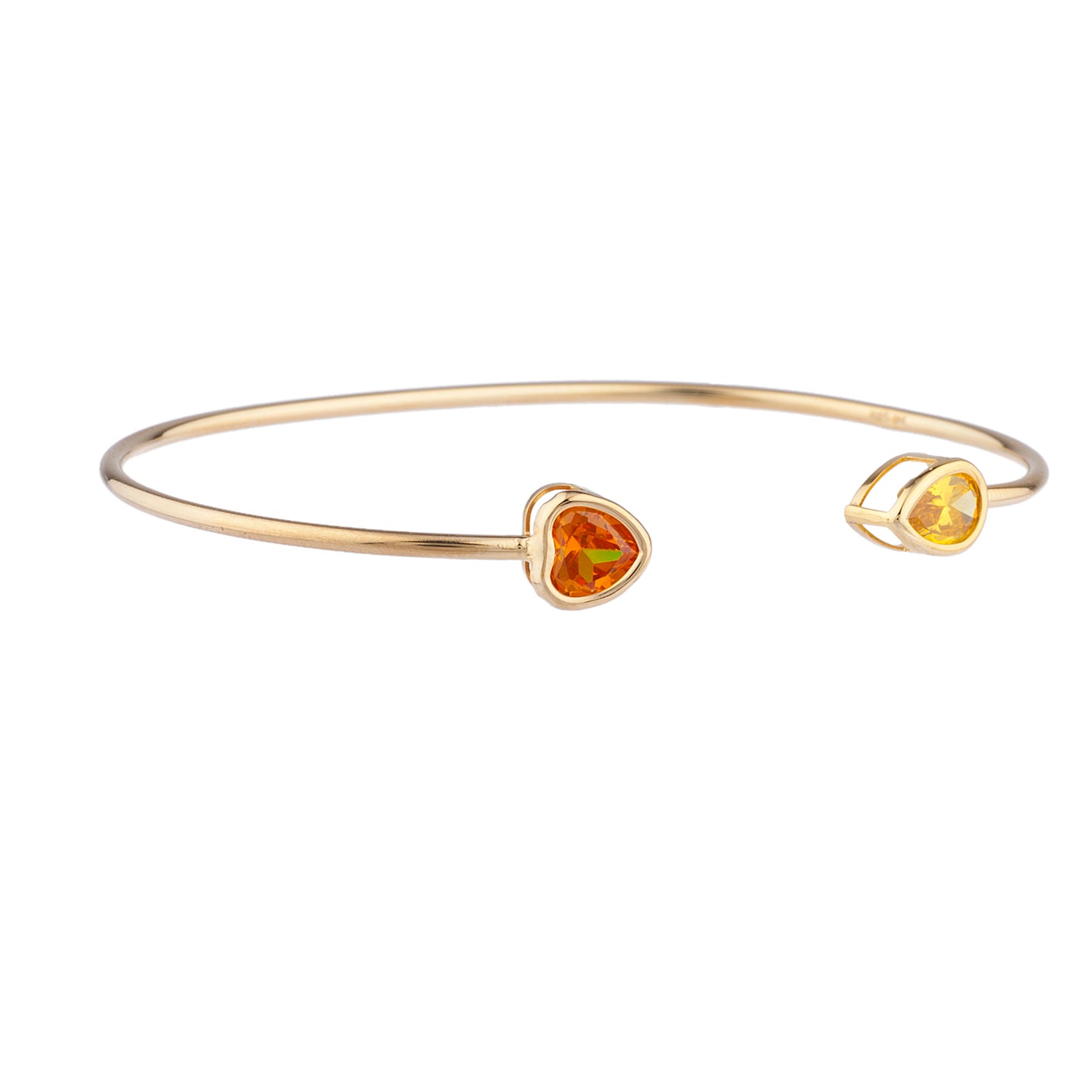 14Kt Gold Orange Citrine Heart & Yellow Citrine Pear Bezel Bangle Bracelet