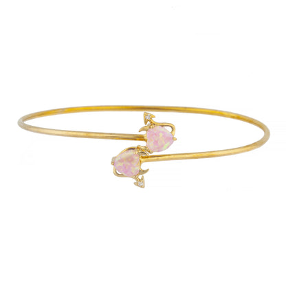 Pink Opal & Diamond Devil Heart Bangle Bracelet 14Kt Yellow Gold Rose Gold Silver