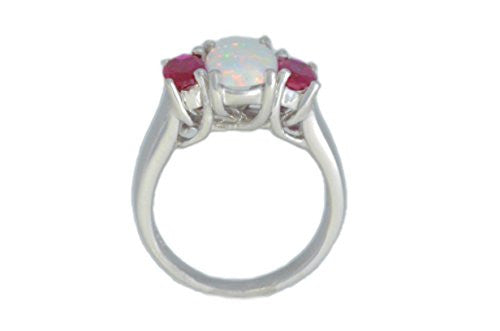 Opal & Ruby Oval Ring .925 Sterling Silver Rhodium Finish