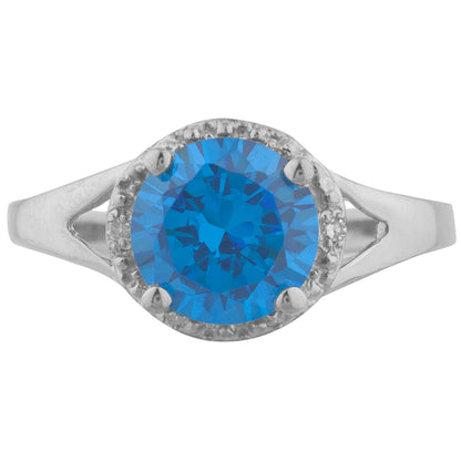 14Kt Gold 2 Ct Swiss Blue Topaz & Diamond Halo Design Round Ring