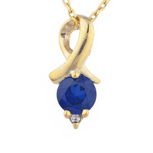 14Kt Gold Blue Sapphire & Diamond Round Design Pendant Necklace