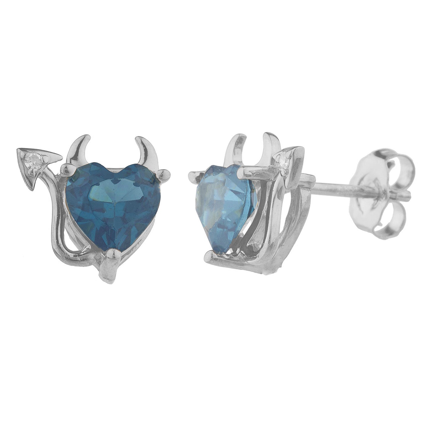 London Blue Topaz & Diamond Devil Heart Stud Earrings 14Kt White Gold