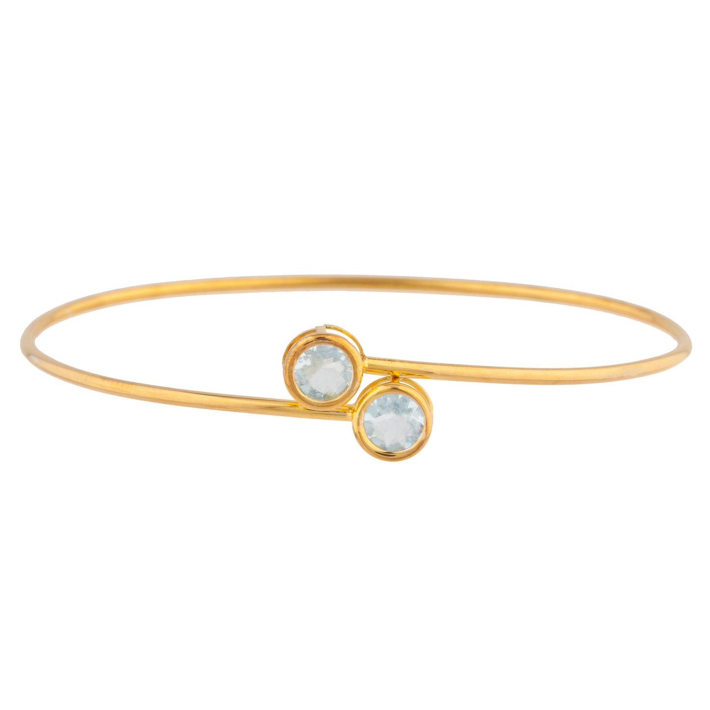 14Kt Yellow Gold Plated Genuine Aquamarine Round Bezel Bangle Bracelet