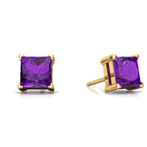 14Kt Yellow Gold Amethyst Princess Cut Stud Earrings