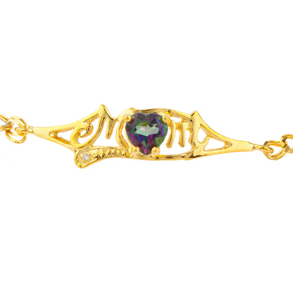 Natural Mystic Topaz & Diamond Heart Mom Bracelet 14Kt Yellow Gold Plated Over .925 Sterling Silver