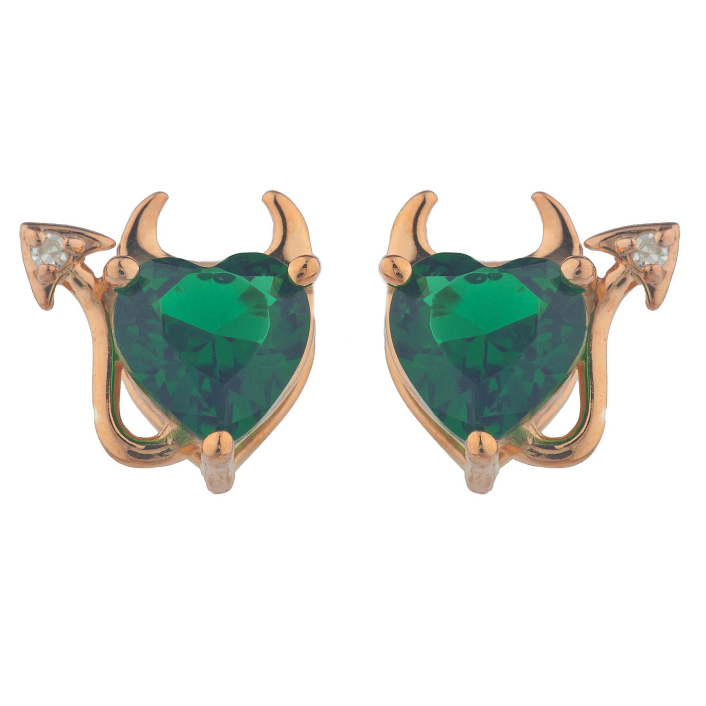 Emerald & Diamond Devil Heart Stud Earrings 14Kt Rose Gold Plated