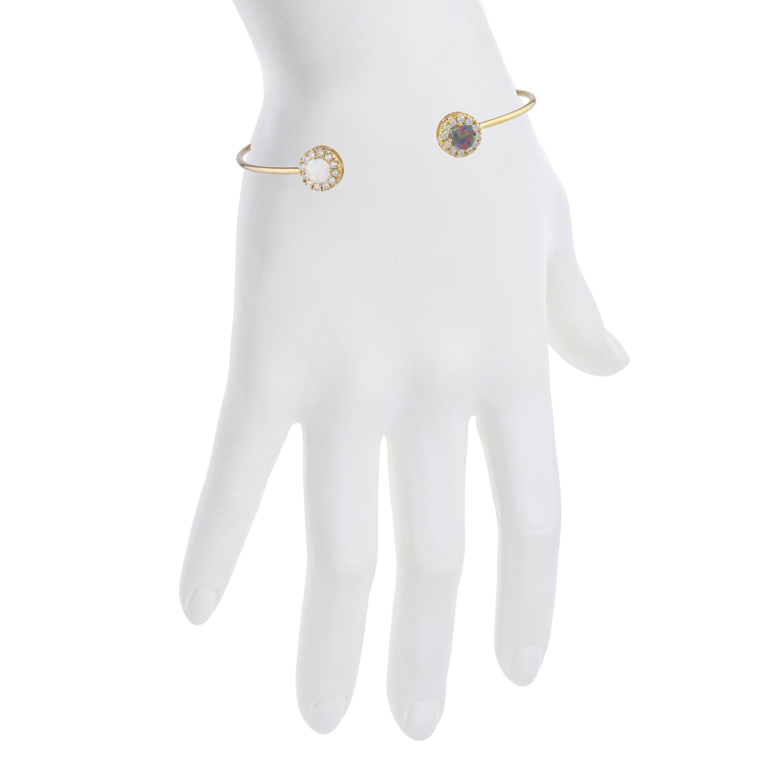 Black & White Opal Halo Design Round Bangle Bracelet 14Kt Yellow Gold Rose Gold Silver