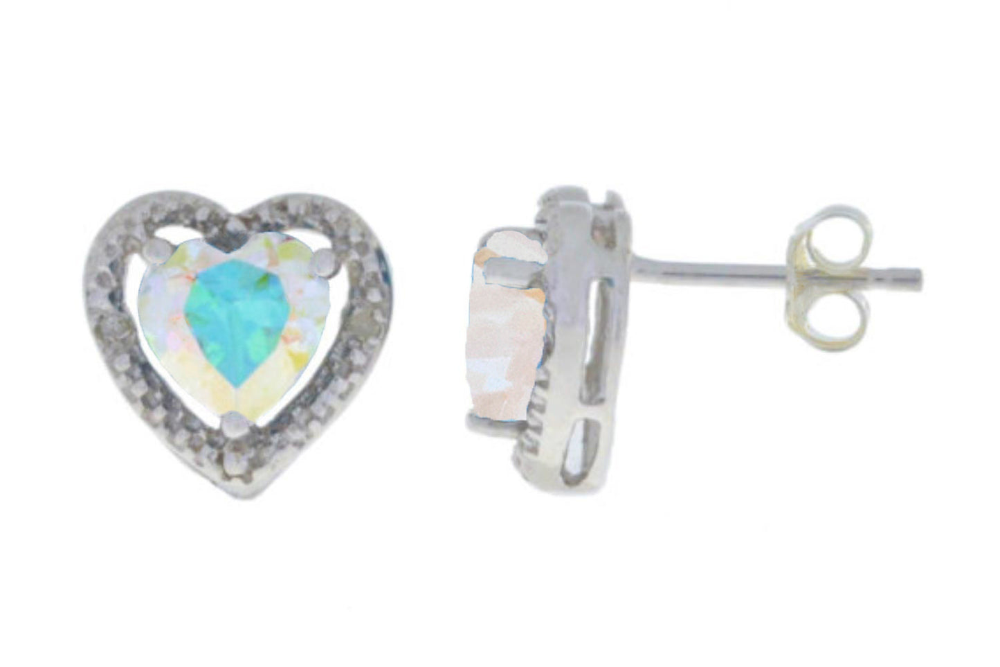 Natural Mercury Mist Mystic Topaz & Diamond Heart Stud Earrings .925 Sterling Silver