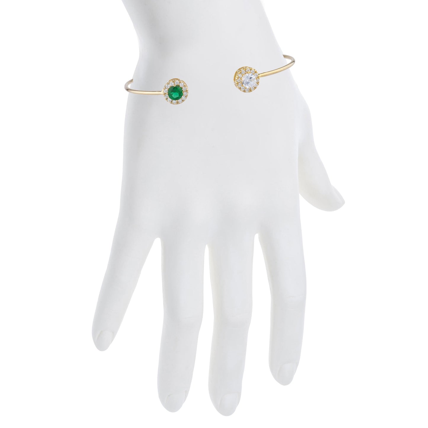 14Kt Gold White Sapphire & Emerald Halo Design Bangle Bracelet