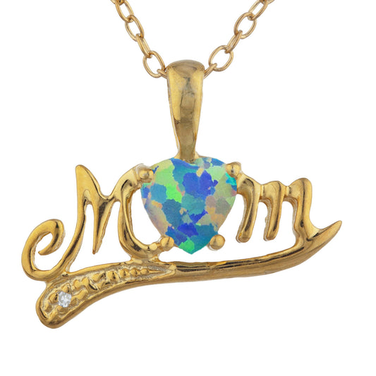 14Kt Yellow Gold Plated Black Opal & Diamond Heart Mom Pendant