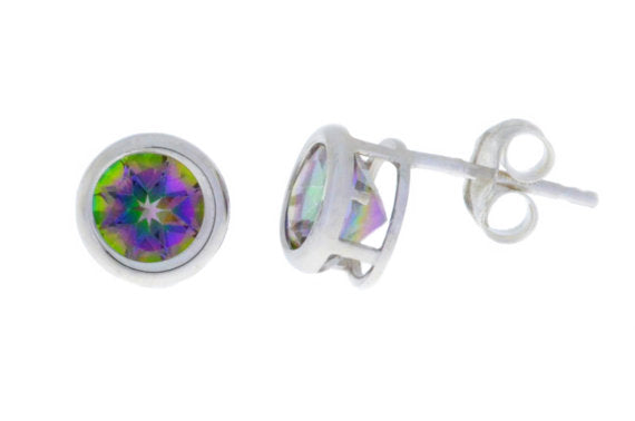 14Kt White Gold Mystic Topaz Bezel Round Stud Earrings