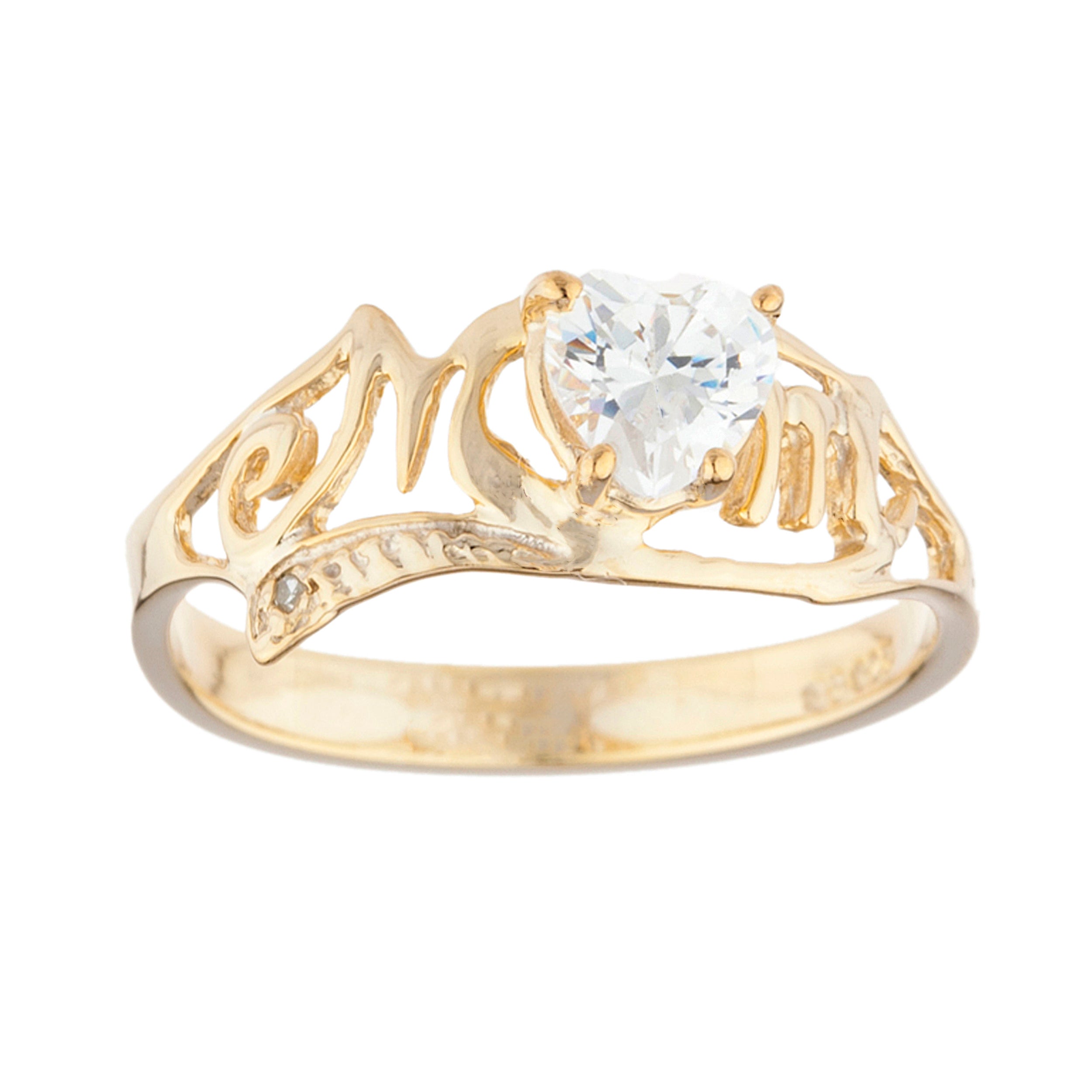 14Kt Gold White Sapphire & Diamond Heart Mom Ring