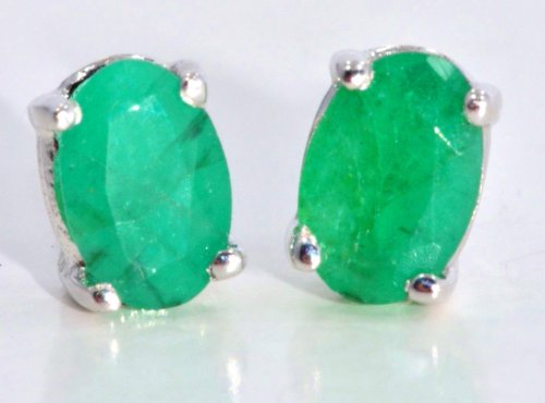 14Kt White Gold Genuine Emerald Oval Stud Earrings