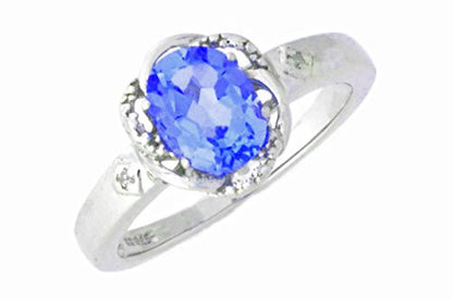 2 Ct Tanzanite & Diamond Oval Ring .925 Sterling Silver Rhodium Finish