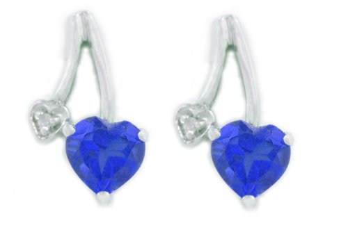 1 Ct Blue Sapphire Heart & Diamond Stud Earrings .925 Sterling Silver