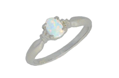 6x4mm Opal & Diamond Oval Ring .925 Sterling Silver Rhodium Finish