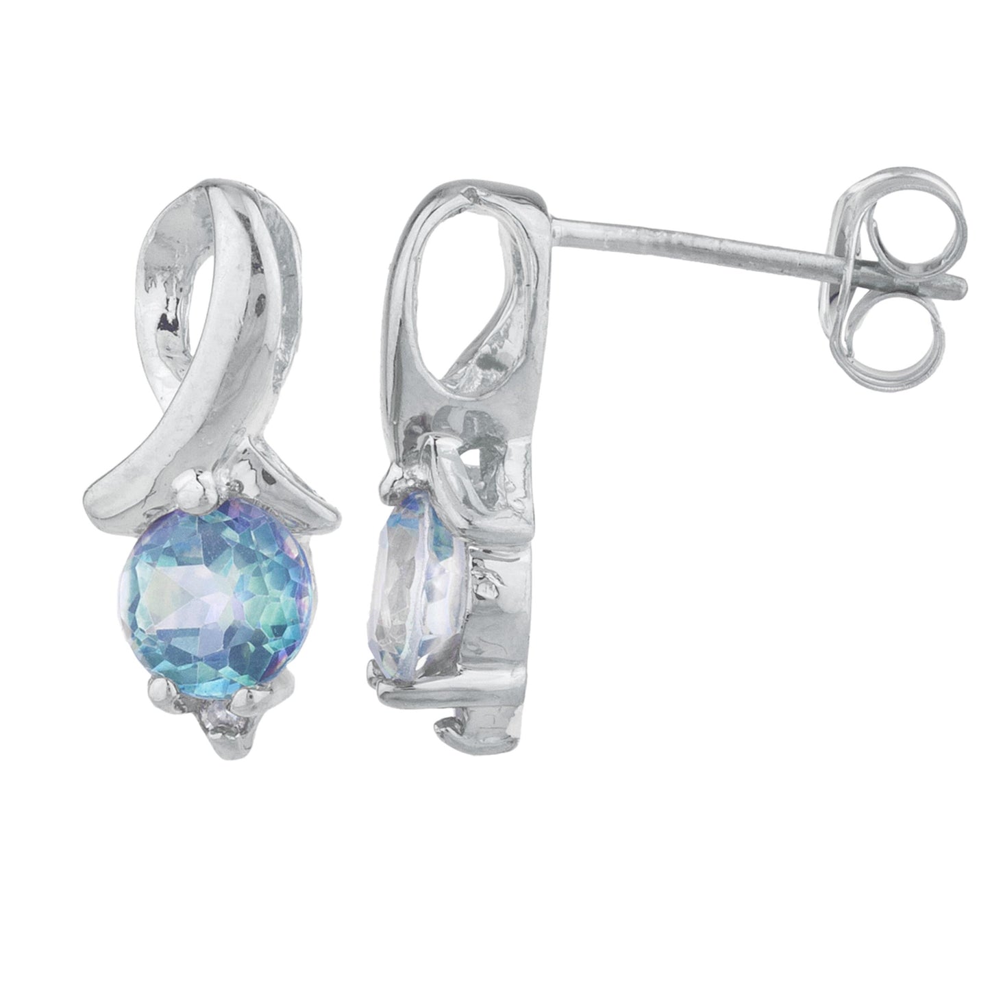 1 Ct Natural Blue Mystic Topaz & Diamond Round Design Stud Earrings .925 Sterling Silver