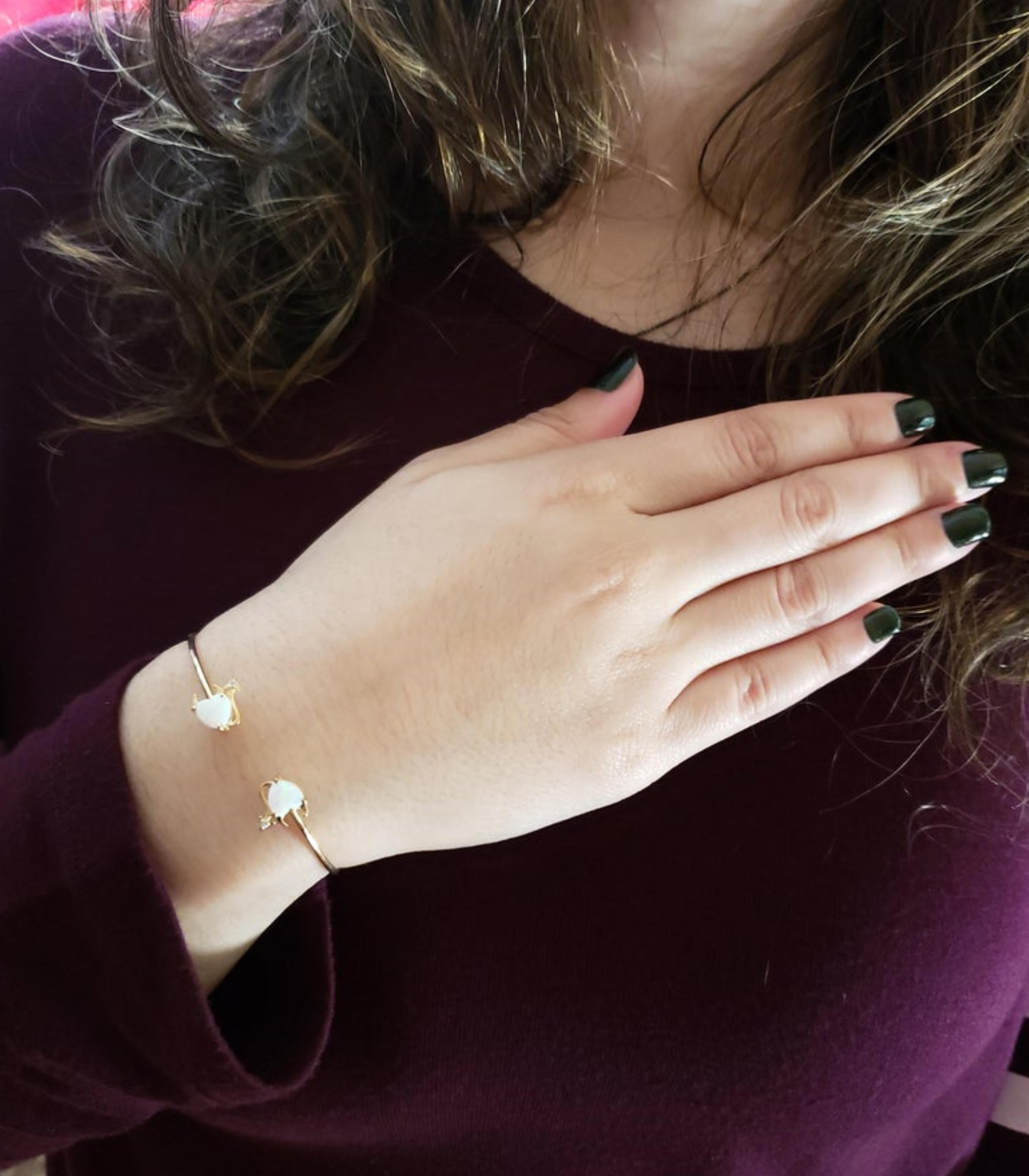 14Kt Gold Genuine Opal & Diamond Devil Heart Bangle Bracelet