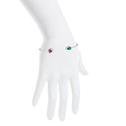 14Kt Gold Created Ruby Heart & Emerald Pear Bezel Bangle Bracelet