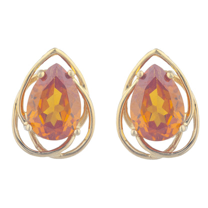 14Kt Gold 4 Ct Orange Citrine Pear Teardrop Design Stud Earrings