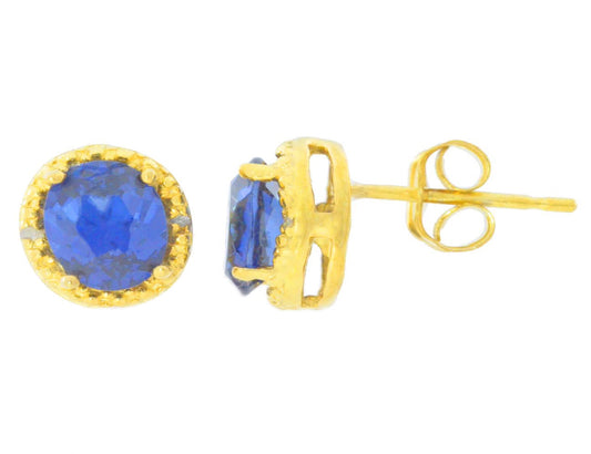 2 Ct Blue Sapphire & Diamond Round Stud Earrings 14Kt Yellow Gold Plated