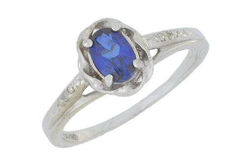 0.50 Ct Created Blue Sapphire & Diamond Oval Ring .925 Sterling Silver Rhodium Finish