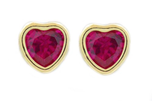 14Kt Yellow Gold Created Ruby Heart Bezel Stud Earrings