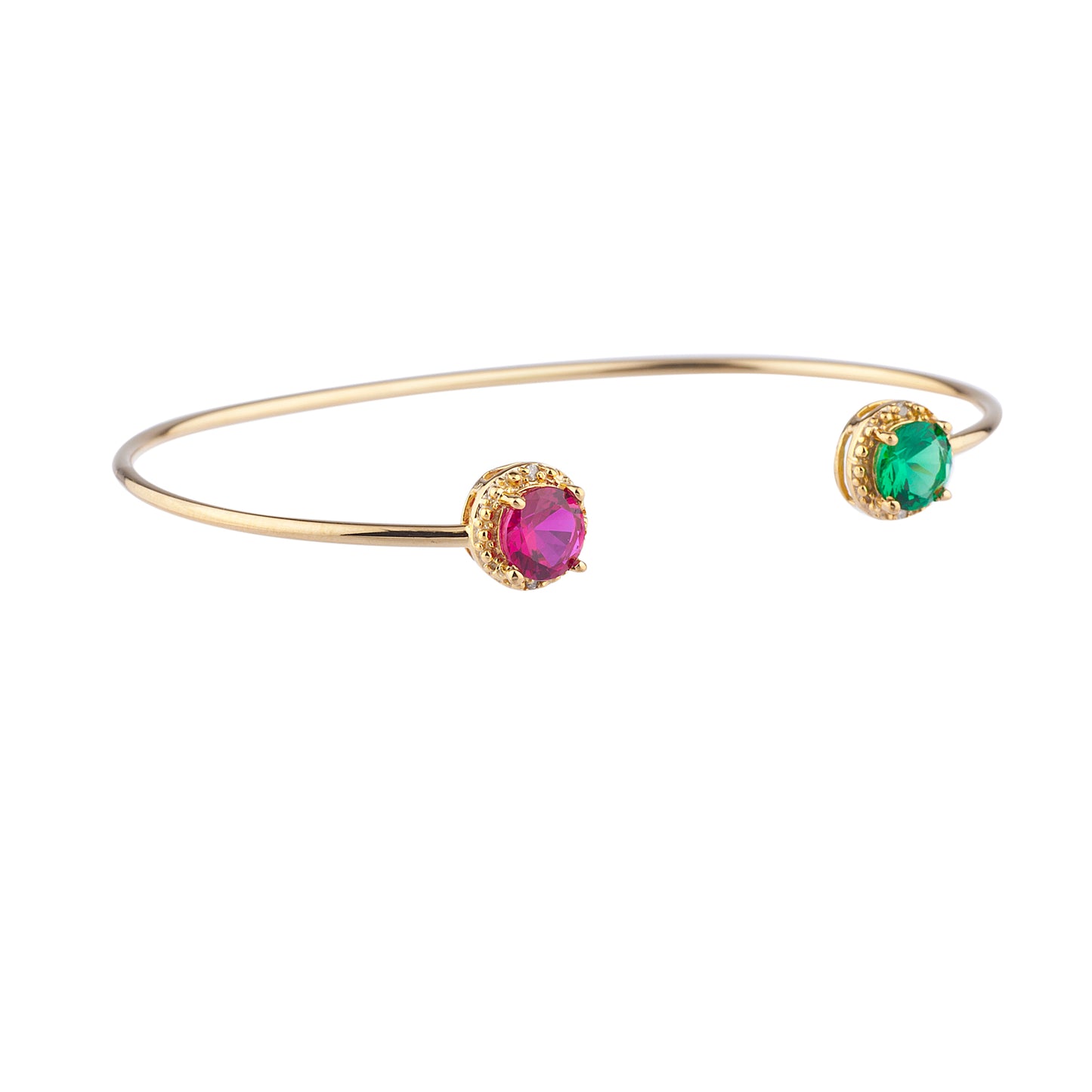 14Kt Gold Created Ruby & Emerald Diamond Round Bangle Bracelet