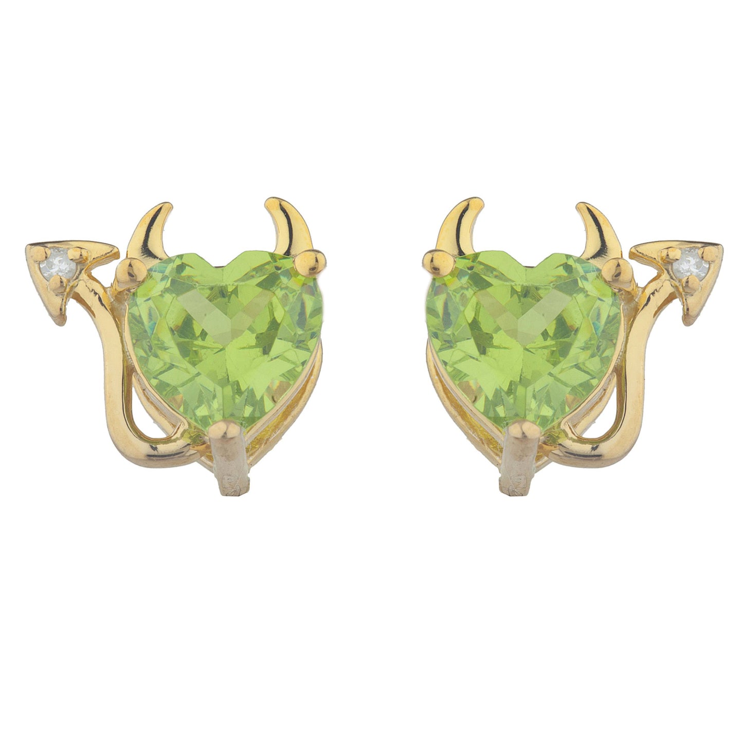 Peridot & Diamond Devil Heart Stud Earrings 14Kt Yellow Gold Plated