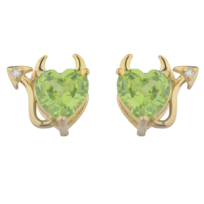 Peridot & Diamond Devil Heart Stud Earrings 14Kt Yellow Gold Plated