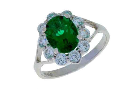 4 Ct Emerald & Zirconia Oval Ring .925 Sterling Silver Rhodium Finish