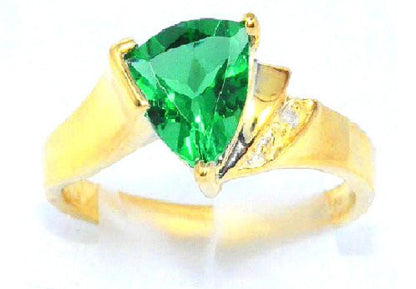 1.5 Ct Created Emerald & Diamond Trillion Ring .925 Sterling Silver 14Kt Yellow Gold Plated