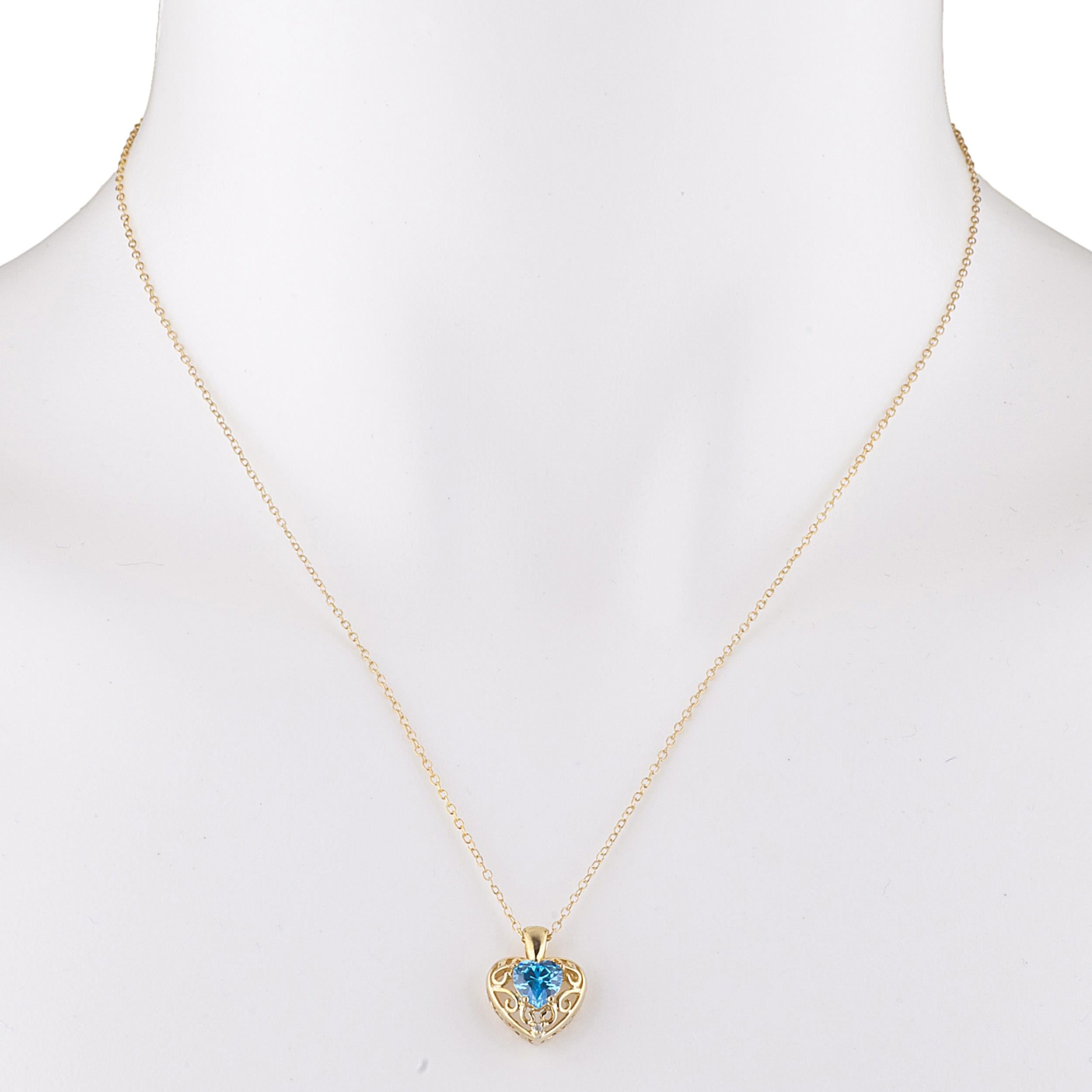 14Kt Gold Swiss Blue Topaz & Diamond Heart LOVE ENGRAVED Pendant Necklace