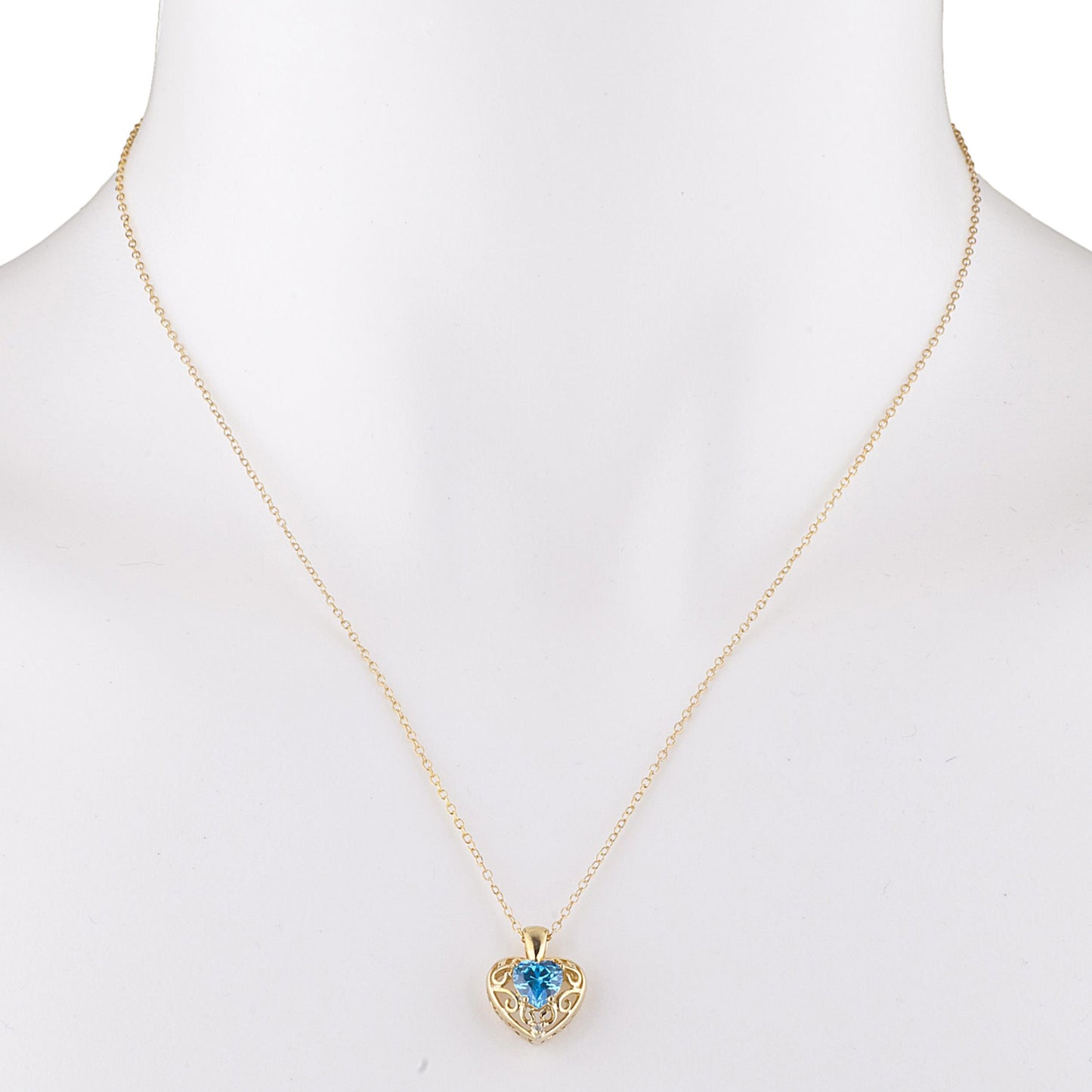 14Kt Gold Swiss Blue Topaz & Diamond Heart LOVE ENGRAVED Pendant Necklace