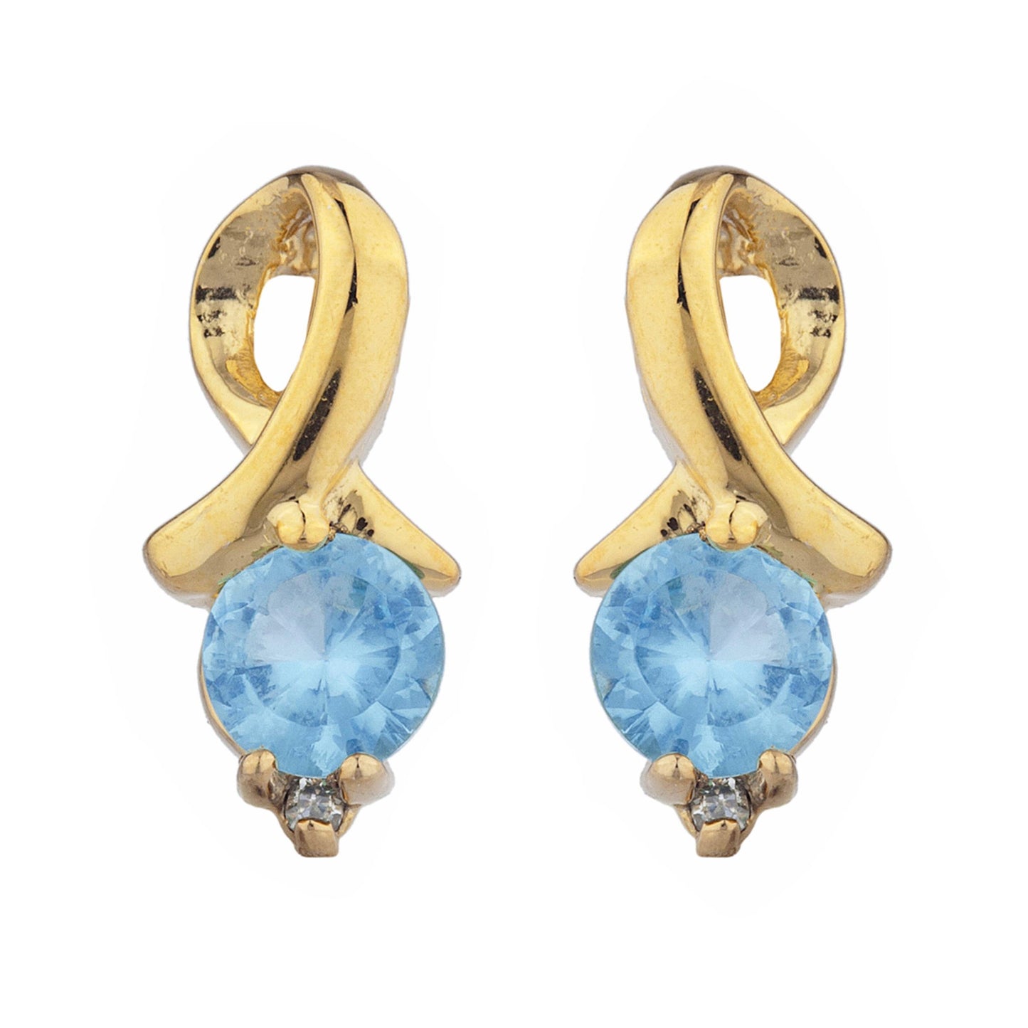 14Kt Gold Blue Topaz & Diamond Round Design Stud Earrings