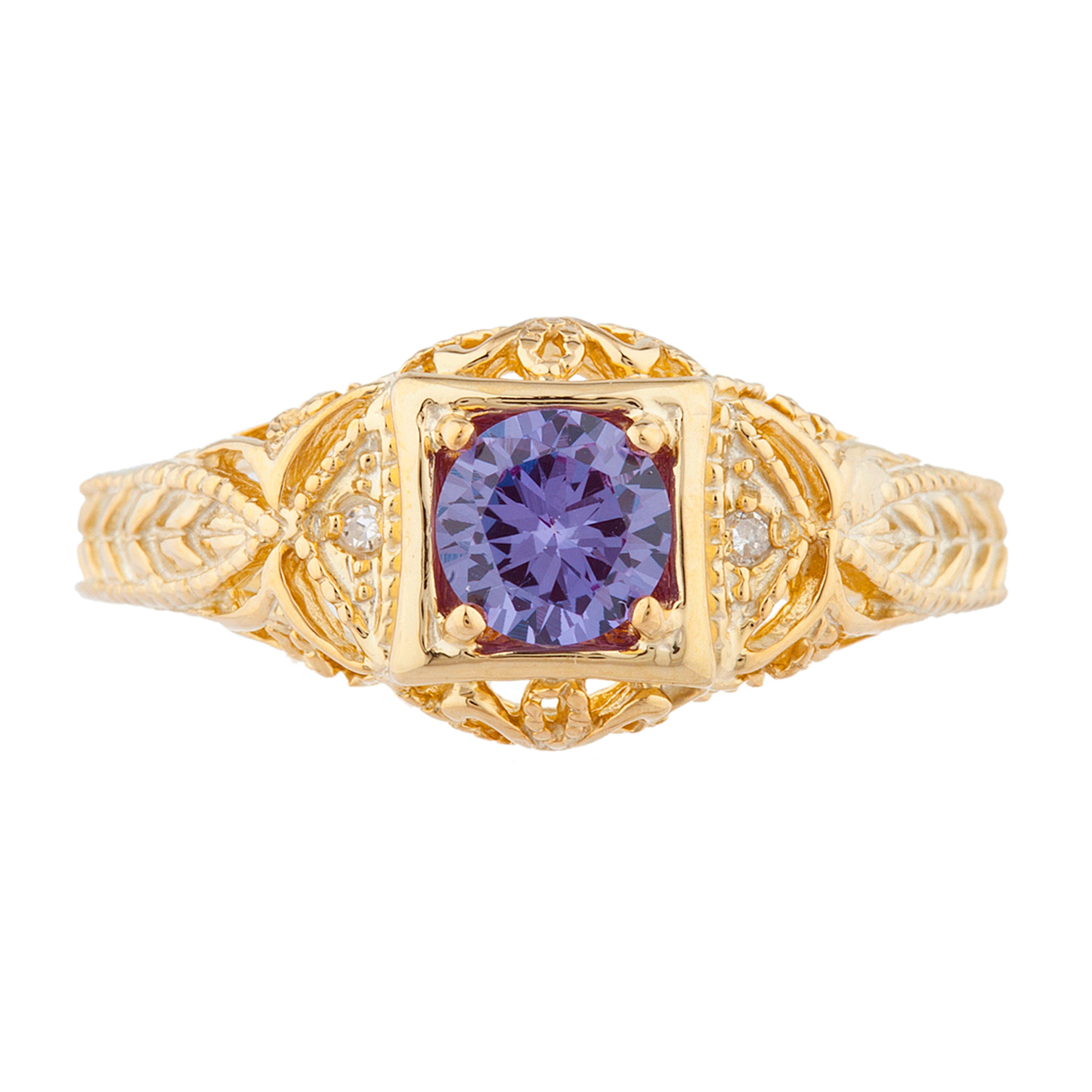 14Kt Gold Alexandrite & Diamond Design Round Ring