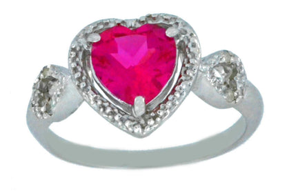 1.5 Ct Created Ruby & Diamond Heart Ring .925 Sterling Silver Rhodium Finish